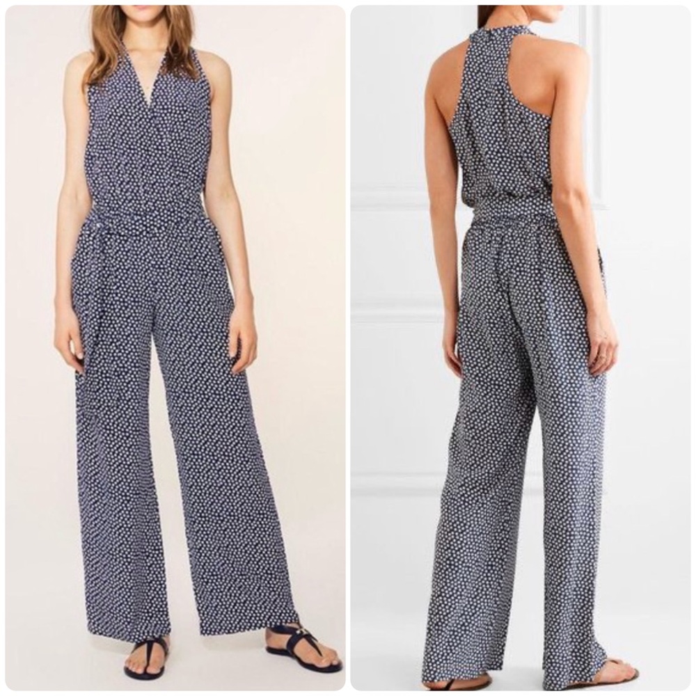Tory Burch Silk Polka Dot Sleeveless Belted Wide Leg Jumpsuit Size XS V-neck